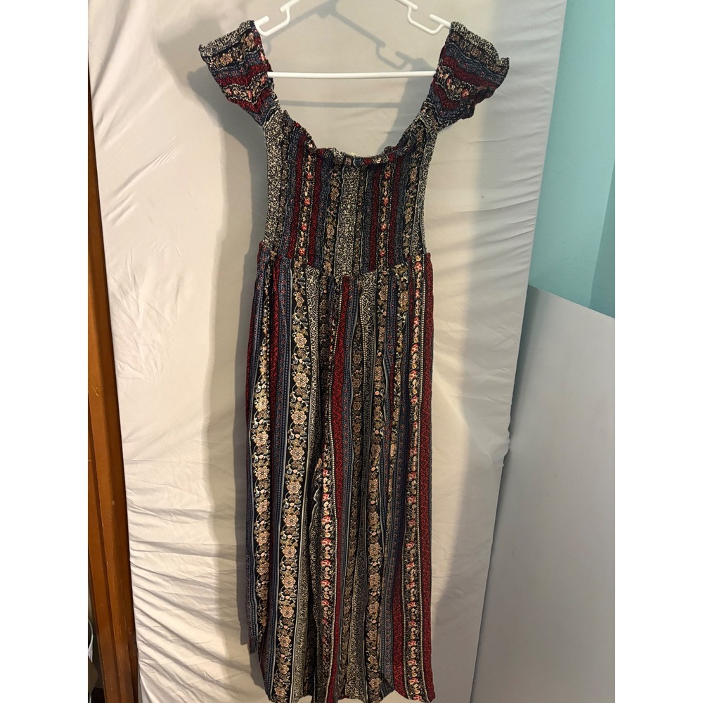 Rebellion Women Boho Floral Smocked Off Shoulder Wide Leg Jumpsuit size L 1227